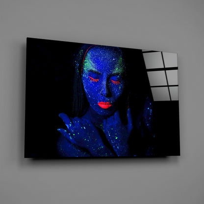 Neon Blacklight Woman Portrait Glass Wall Art