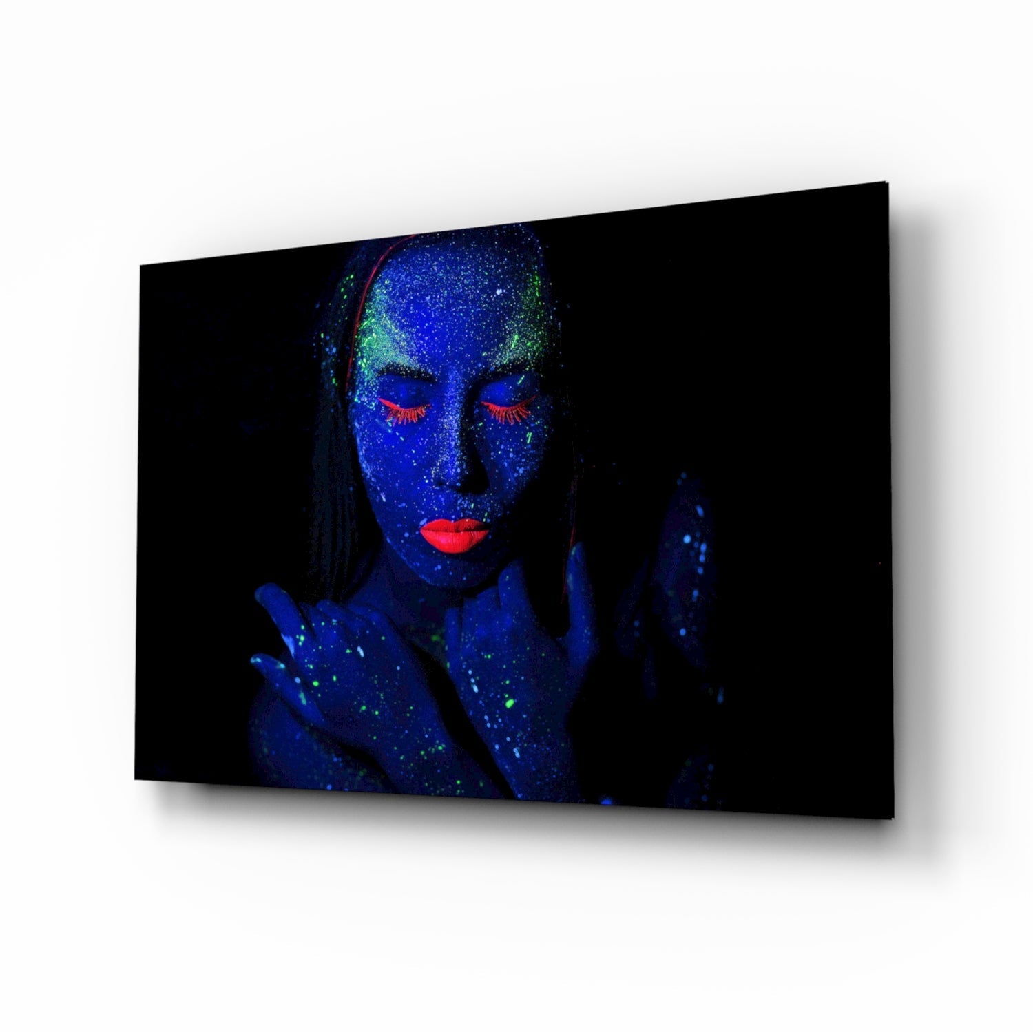 Neon blacklight woman portrait glass wall art