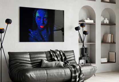 Neon Blacklight Woman Portrait Glass Wall Art