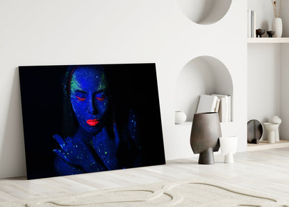 Neon Blacklight Woman Portrait Glass Wall Art