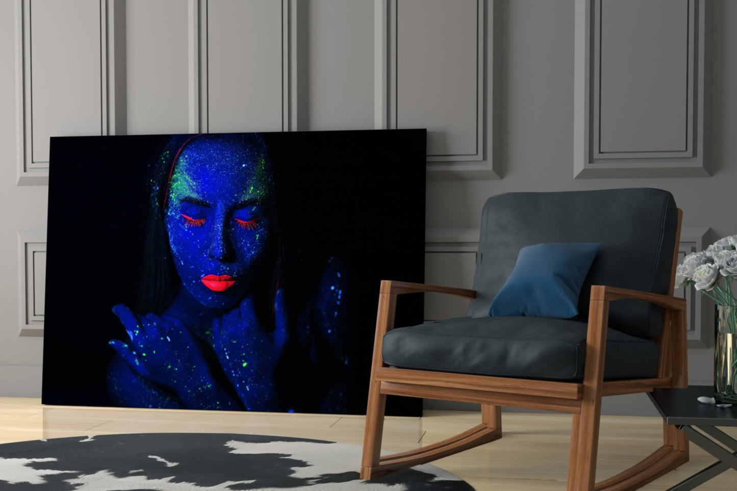 Neon Blacklight Woman Portrait Glass Wall Art