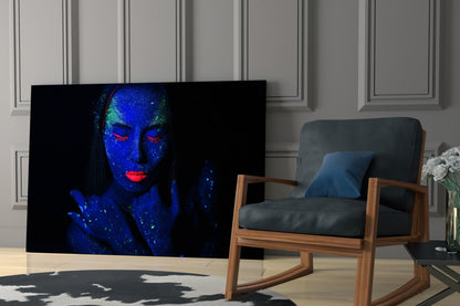 Neon Blacklight Woman Portrait Glass Wall Art