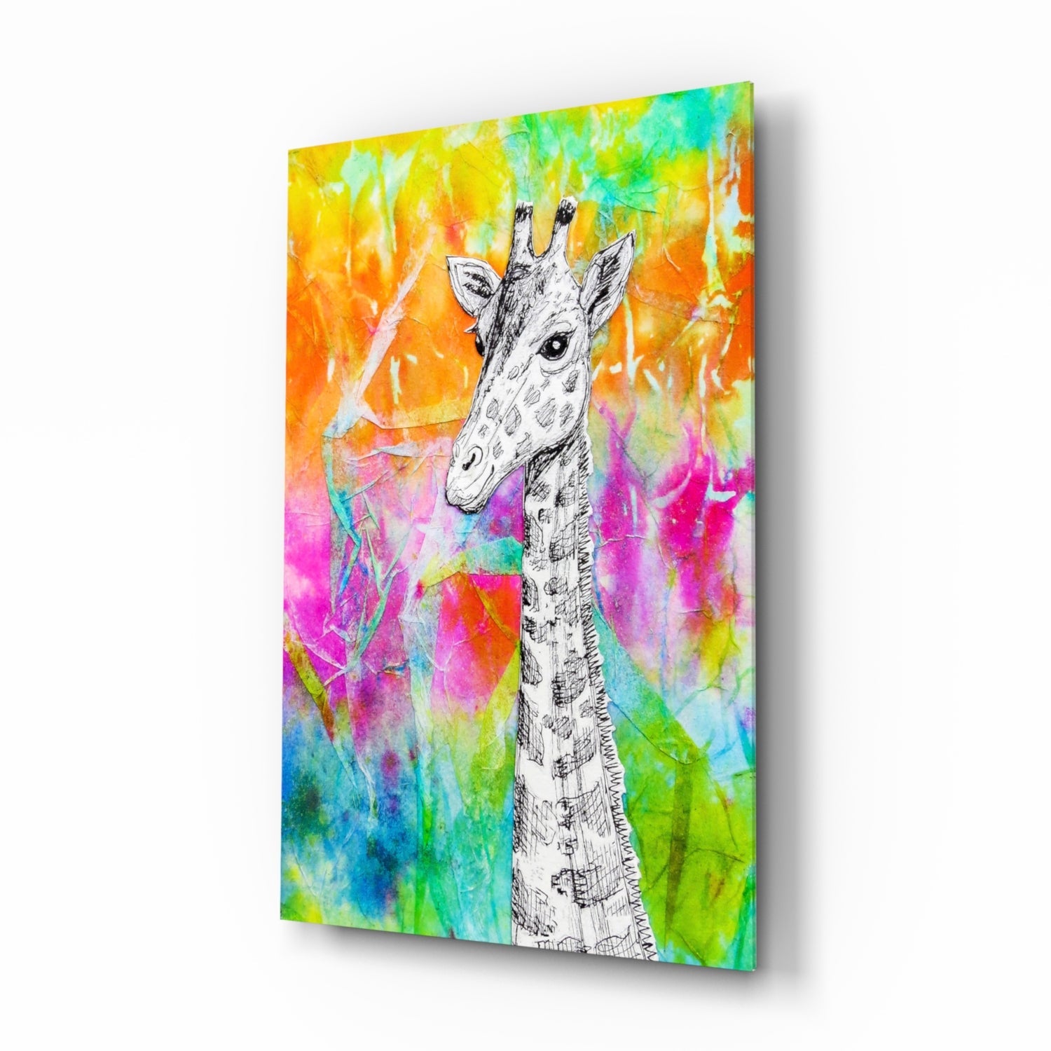 Pen-and-ink giraffe over rainbow watercolor, glass wall art