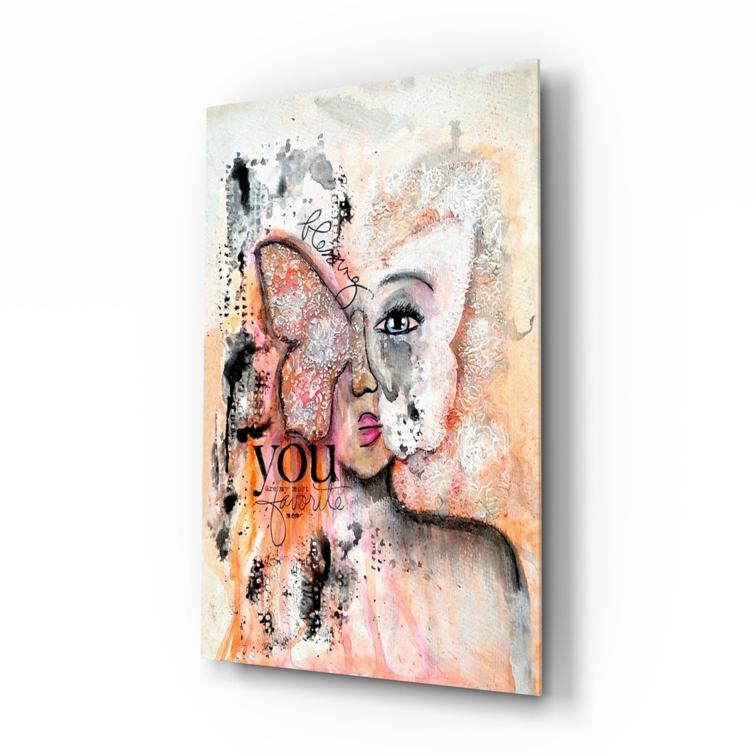 Butterfly Muse glass wall art with mixed-media collage portrait