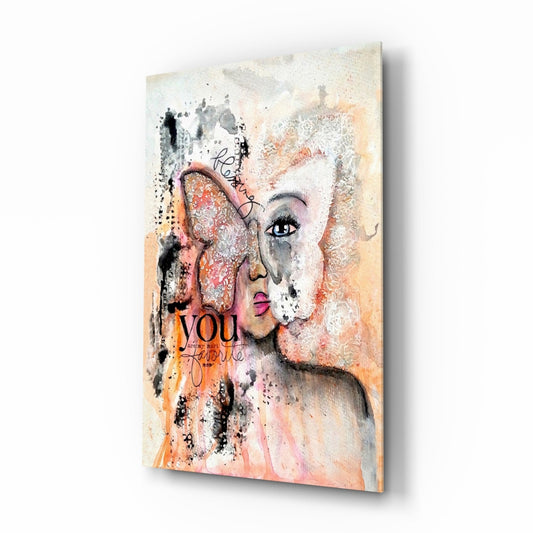 Butterfly Muse glass wall art with mixed-media collage portrait