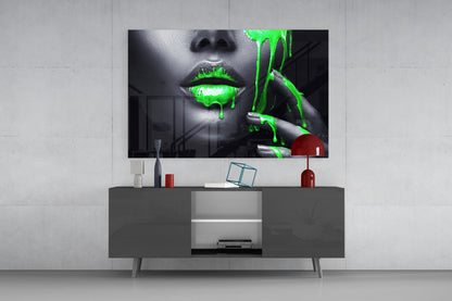 Neon Green Drip Portrait Glass Wall Art