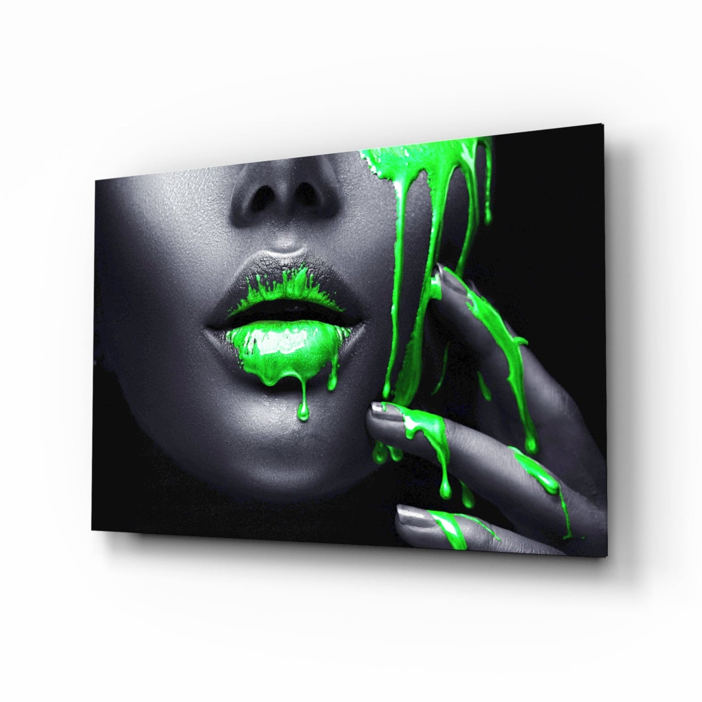 Neon green drip portrait glass wall art with selective color design