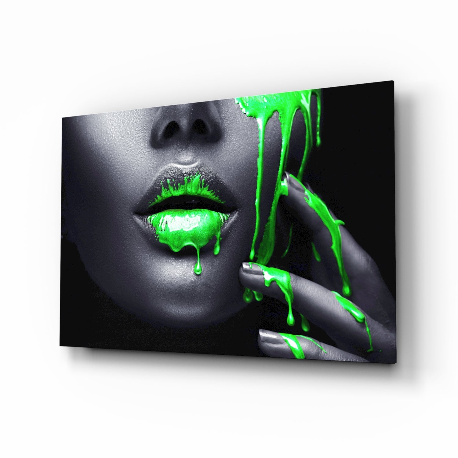 Neon green drip portrait glass wall art with selective color design