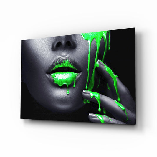 Neon green drip portrait glass wall art with selective color design