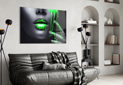 Neon Green Drip Portrait Glass Wall Art