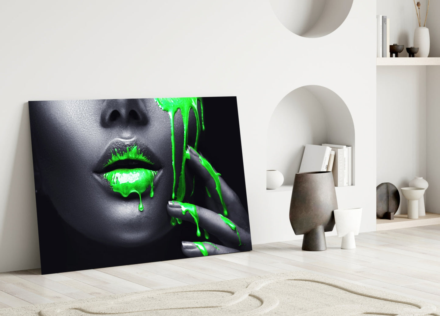 Neon Green Drip Portrait Glass Wall Art