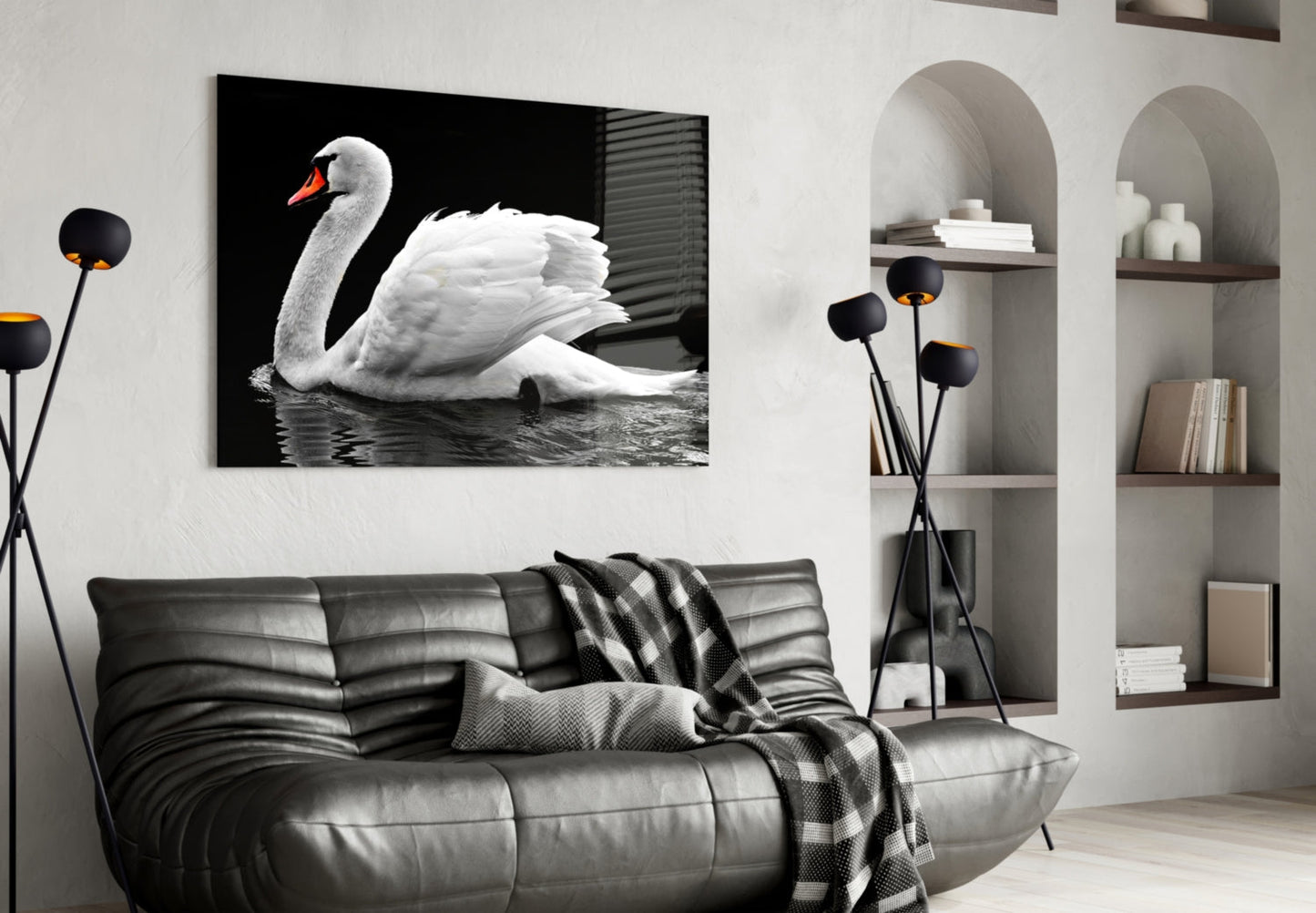 Swan Glass Wall Art Elegant White Bird Print