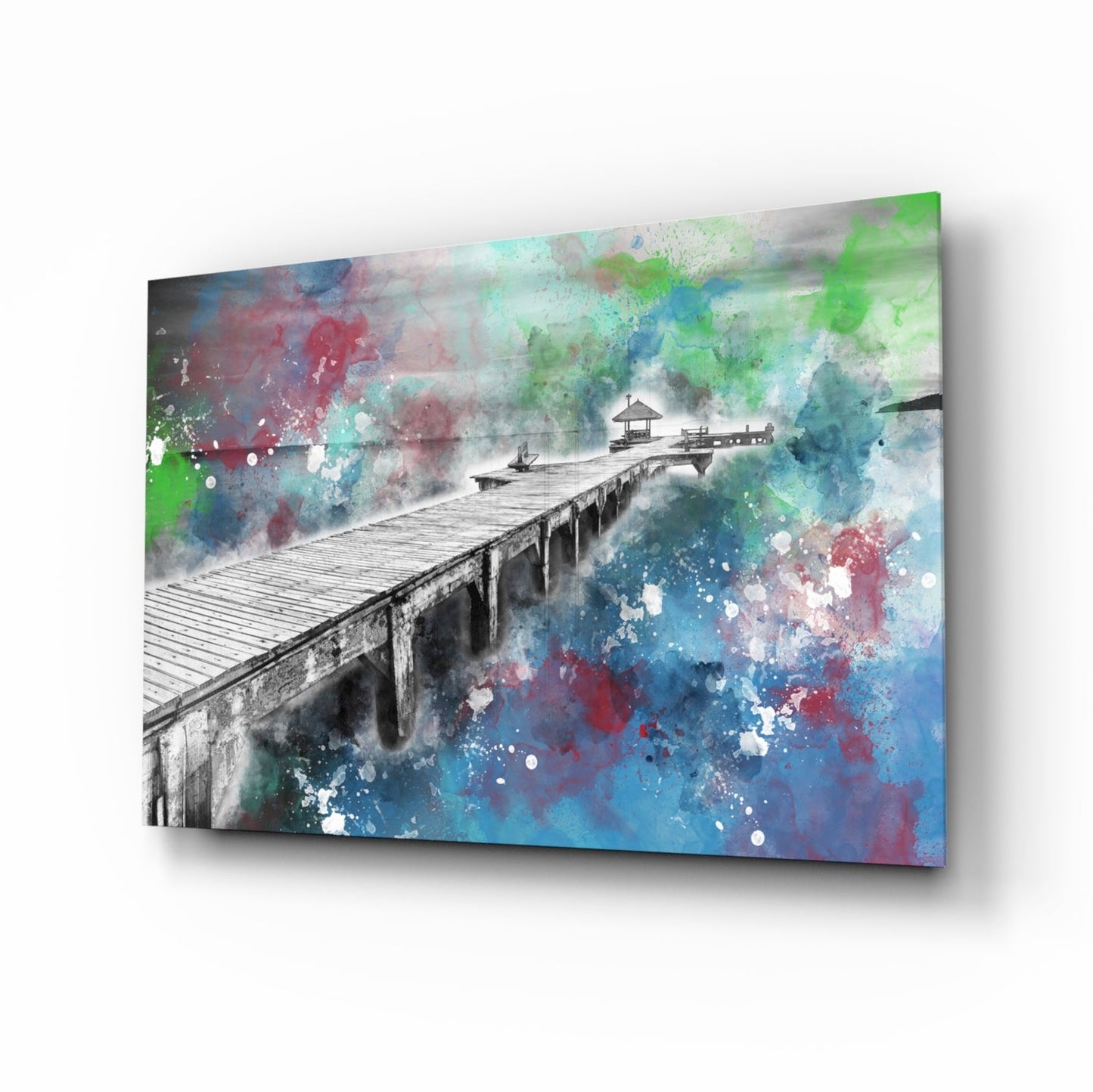 Splattered paint pier glass wall art coastal illustration