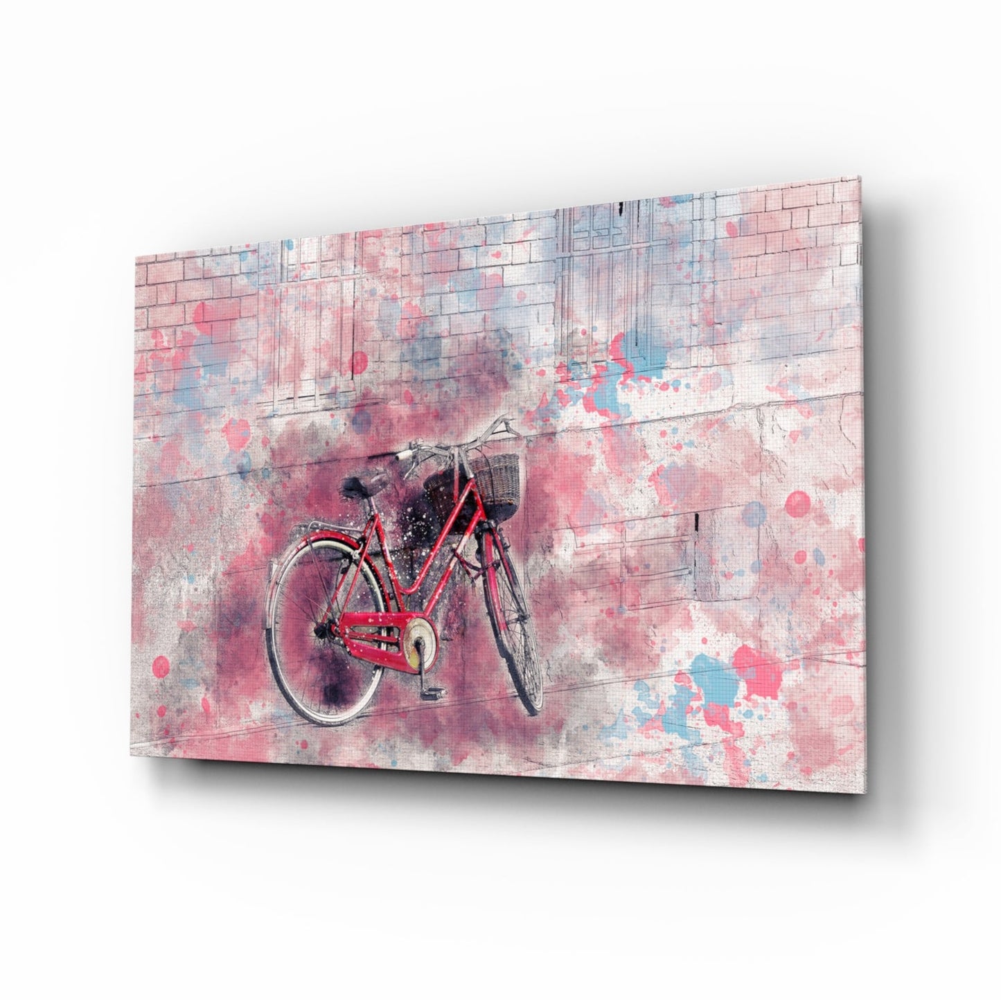 Red bicycle with pink and blue watercolor blooms, illustration glass wall art on tempered glass