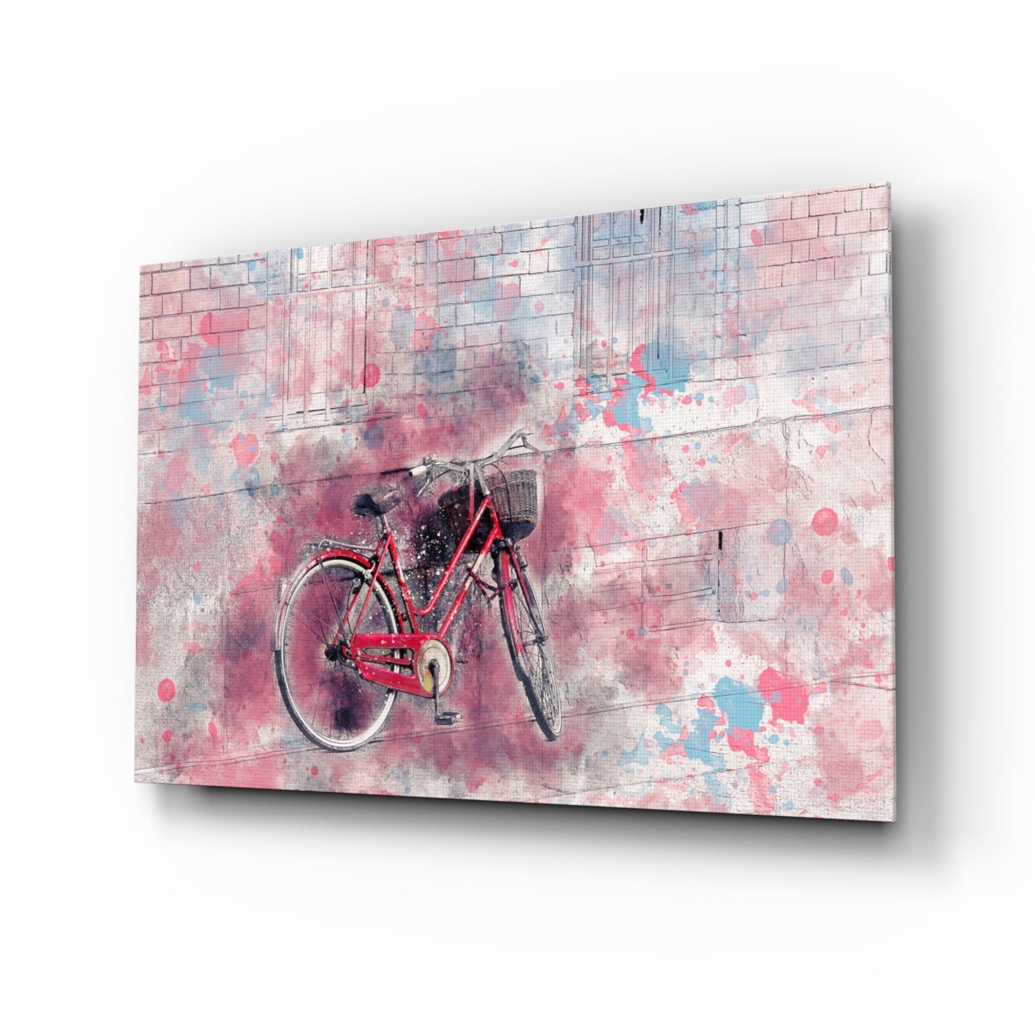 Red bicycle with pink and blue watercolor blooms, illustration glass wall art on tempered glass