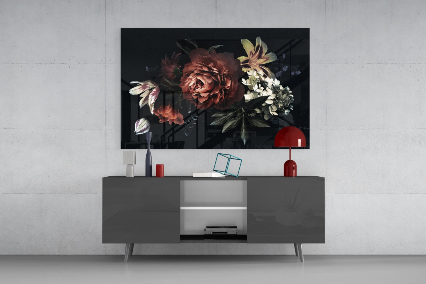 Dark Red Peony Bouquet Glass Wall Art
