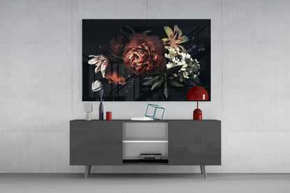 Dark Red Peony Bouquet Glass Wall Art