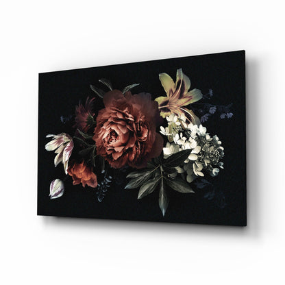Dark red peony bouquet floral glass wall art