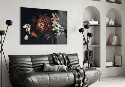 Dark Red Peony Bouquet Glass Wall Art