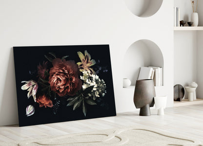 Dark Red Peony Bouquet Glass Wall Art