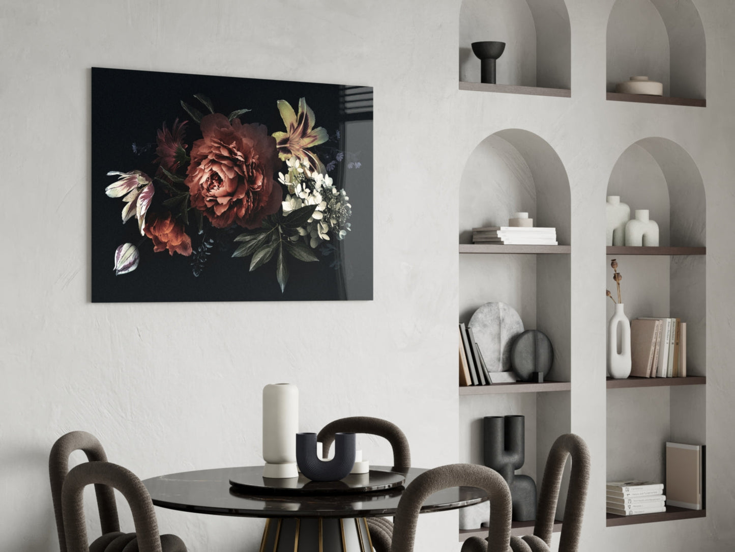Dark Red Peony Bouquet Glass Wall Art