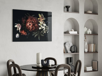 Dark Red Peony Bouquet Glass Wall Art