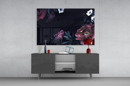 Moody Pink Peony Floral Glass Wall Art