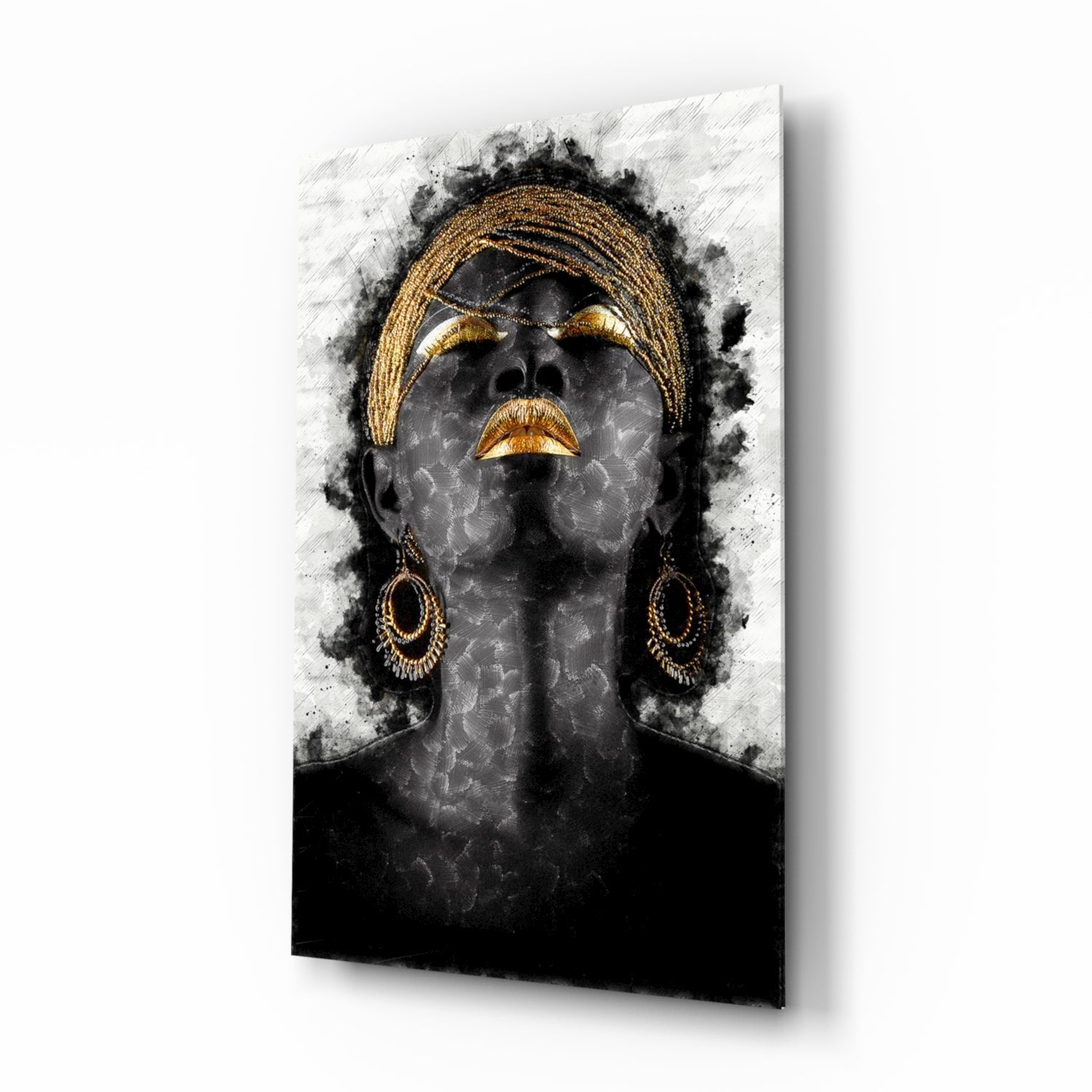 African Woman Portrait glass wall art silver