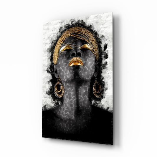 African Woman Portrait glass wall art silver