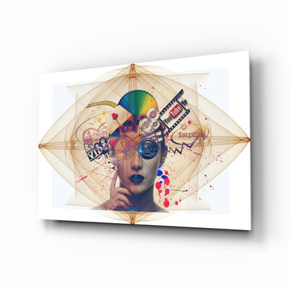 Digital collage woman portrait glass wall art