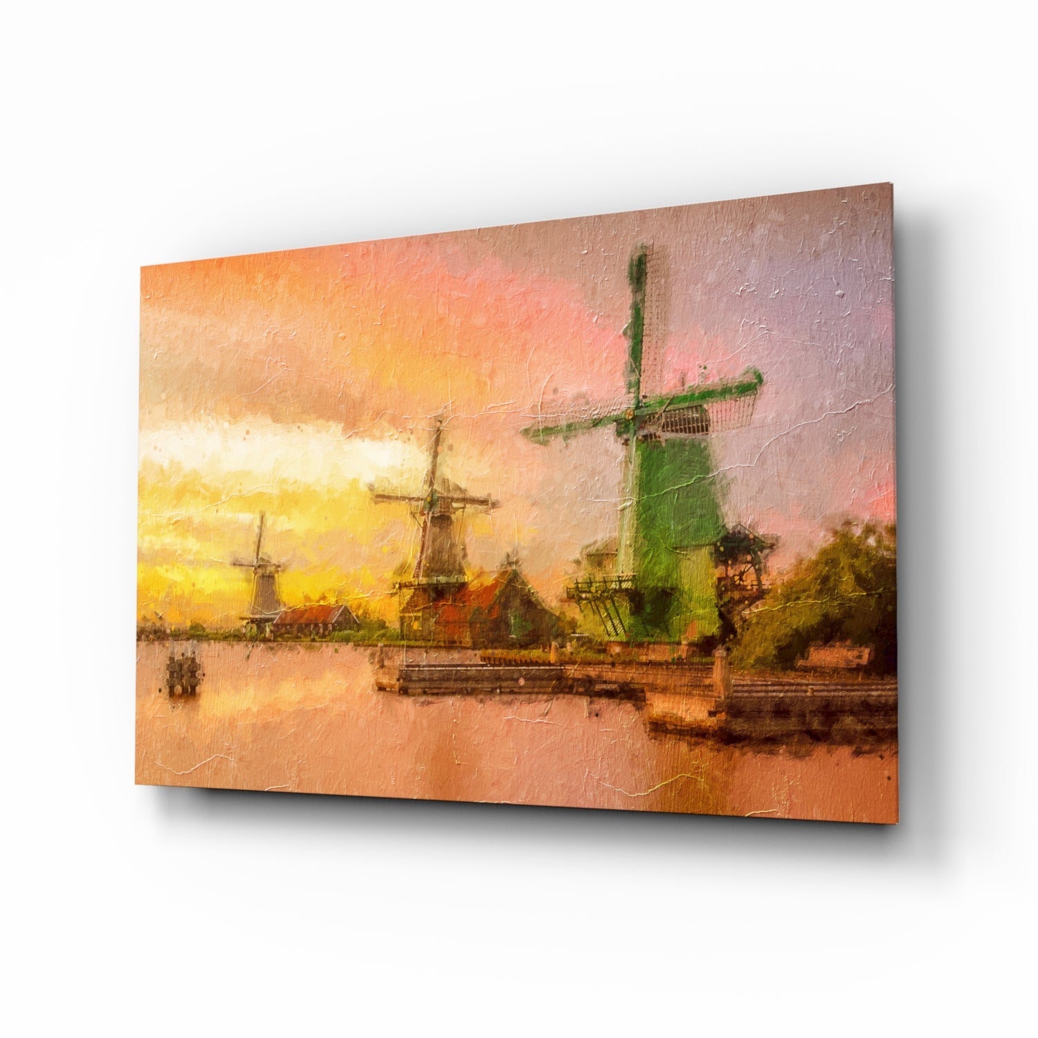 Dutch Windmills Sunset Canal Glass Wall Art