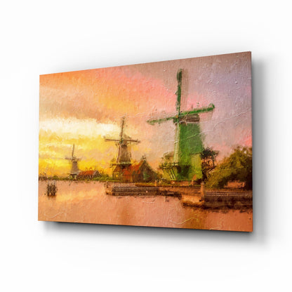 Dutch Windmills Sunset Canal Glass Wall Art