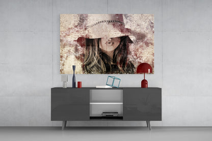 Girl In Retro Hat Glass Wall Art