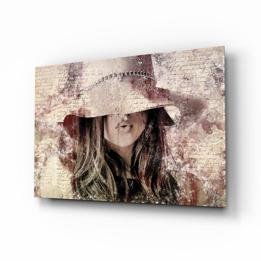 Girl In Retro Hat Glass Wall Art