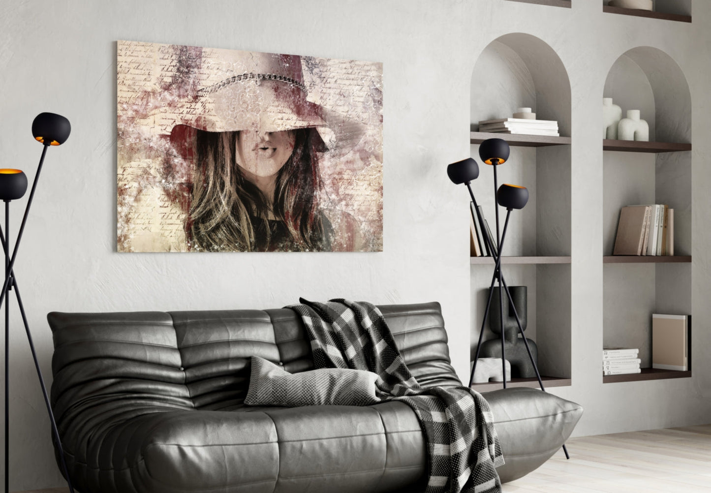 Girl In Retro Hat Glass Wall Art