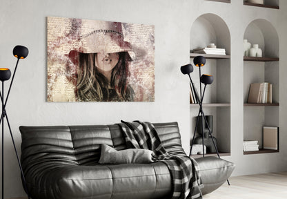Girl In Retro Hat Glass Wall Art