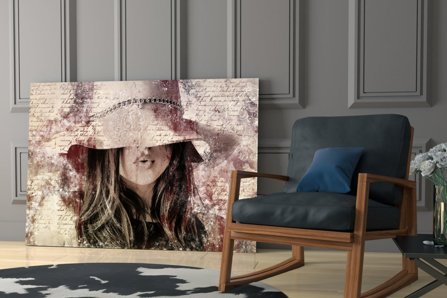 Girl In Retro Hat Glass Wall Art