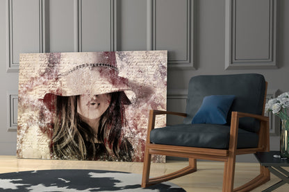 Girl In Retro Hat Glass Wall Art