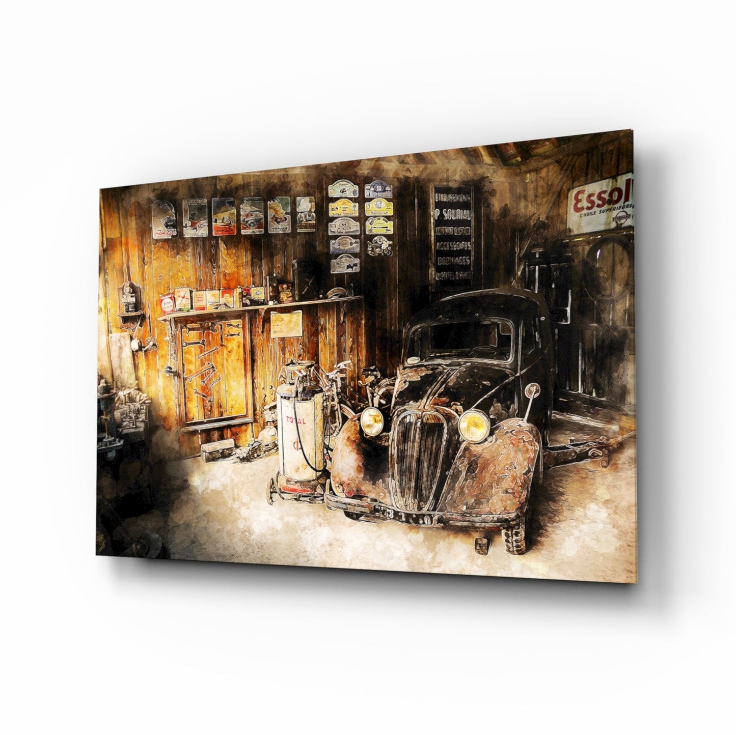 Retro vintage car garage scene glass wall art