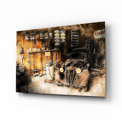 Retro vintage car garage scene glass wall art