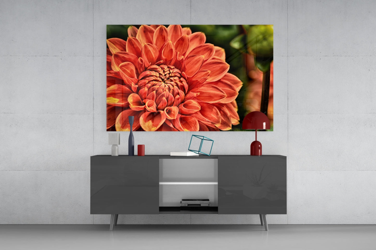 Orange Dahlia Macro Bloom Glass Wall Art