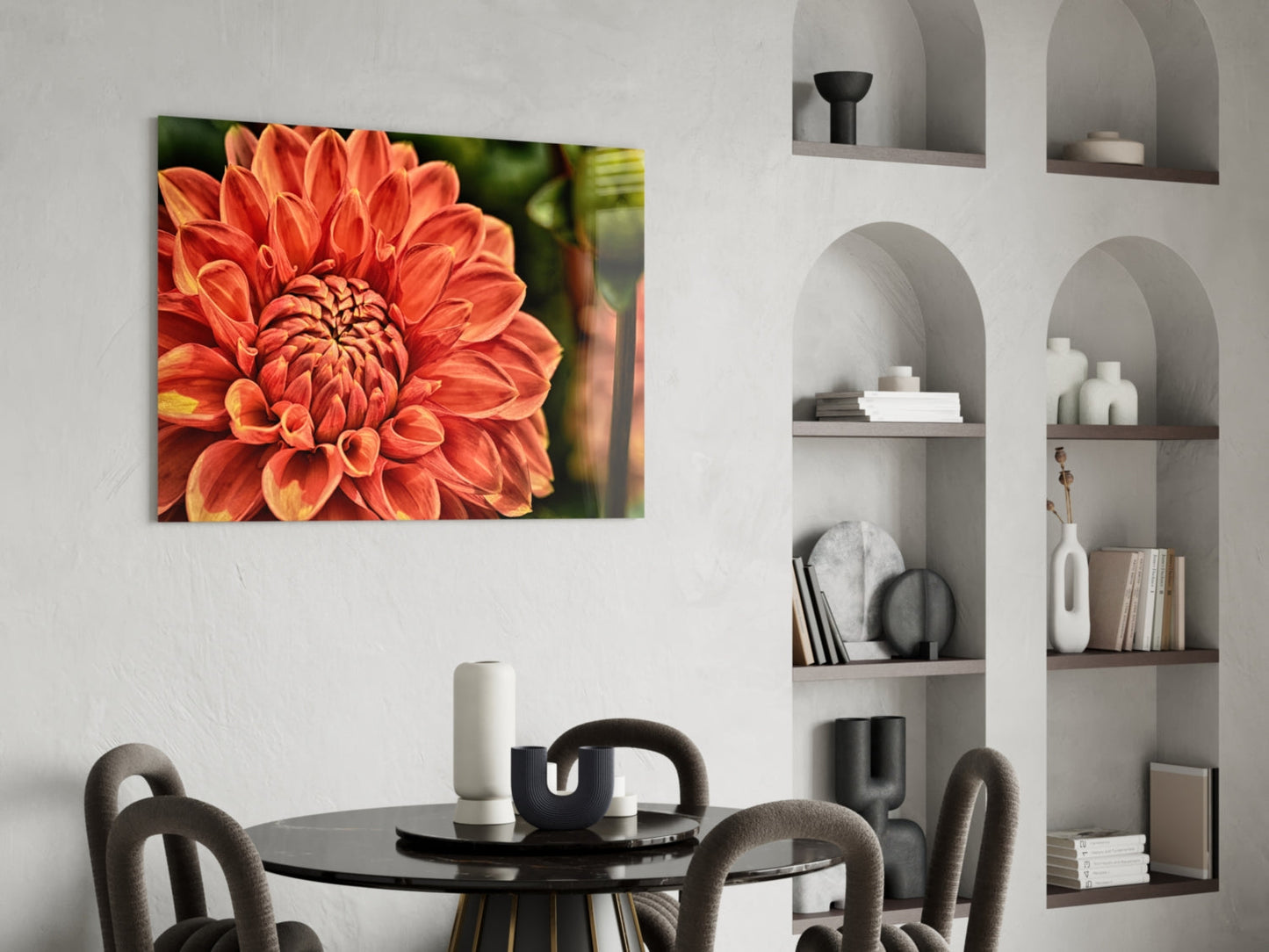 Orange Dahlia Macro Bloom Glass Wall Art