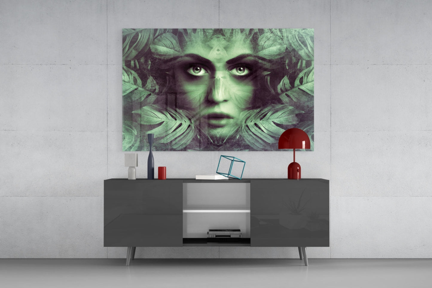 Tropical Leaf Woman Portrait Glass Wall Art