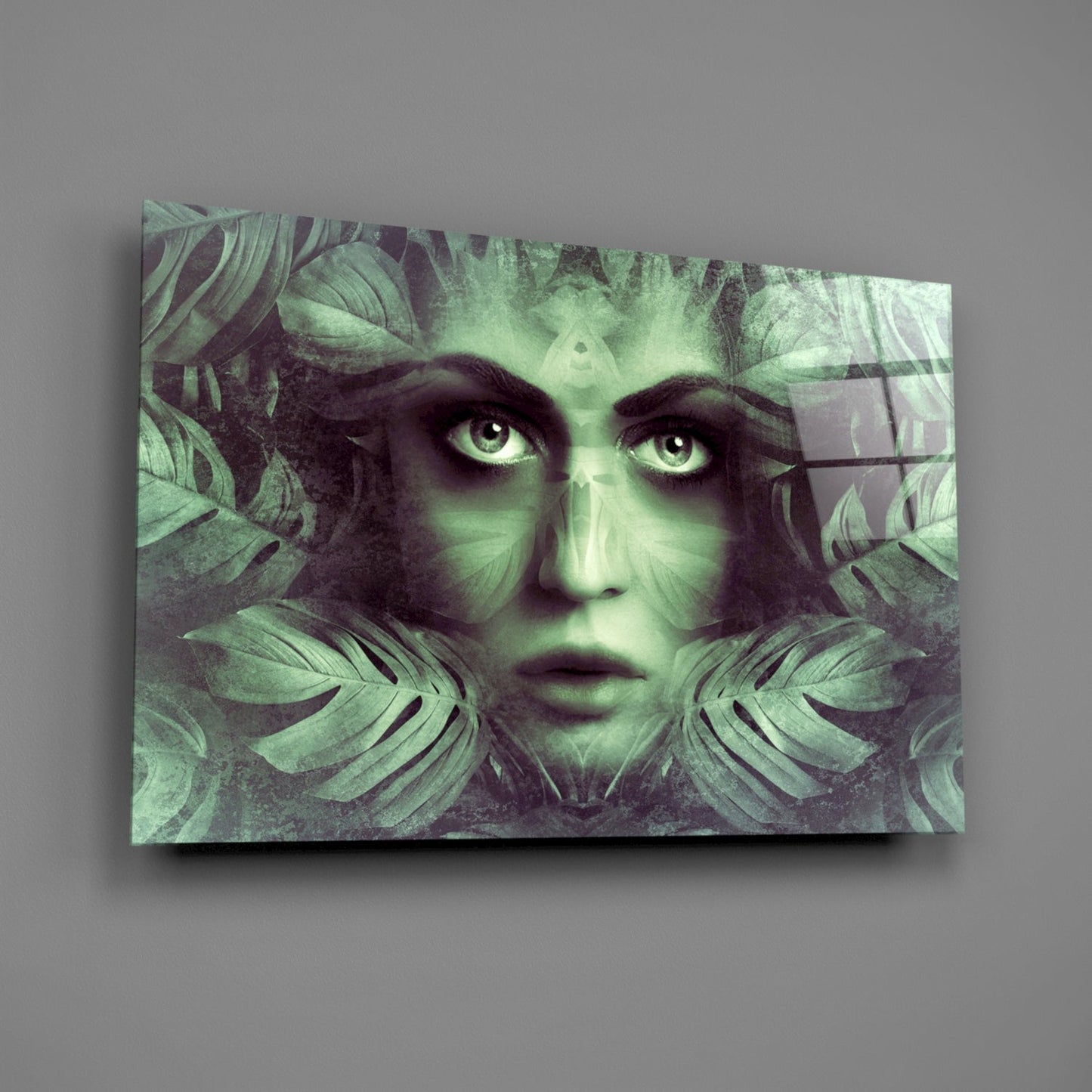 Tropical Leaf Woman Portrait Glass Wall Art