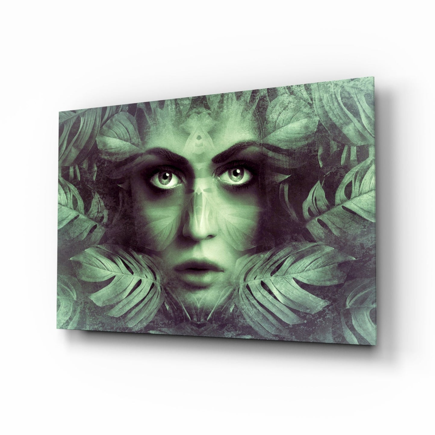 Tropical leaf woman portrait glass wall art