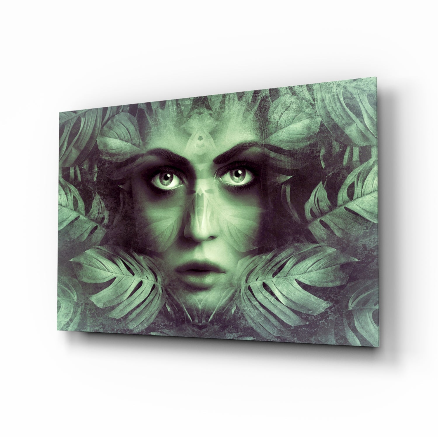Tropical leaf woman portrait glass wall art