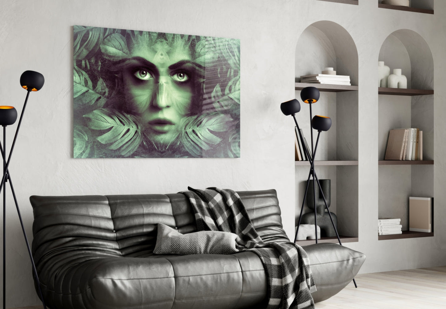 Tropical Leaf Woman Portrait Glass Wall Art