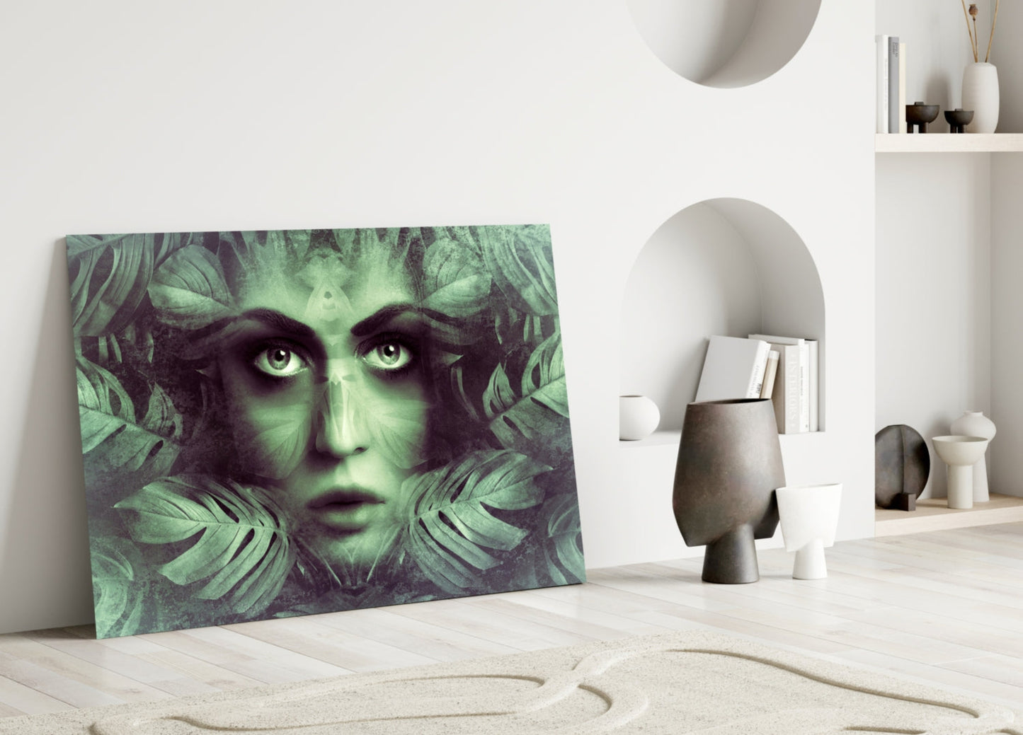 Tropical Leaf Woman Portrait Glass Wall Art