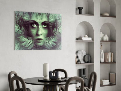 Tropical Leaf Woman Portrait Glass Wall Art
