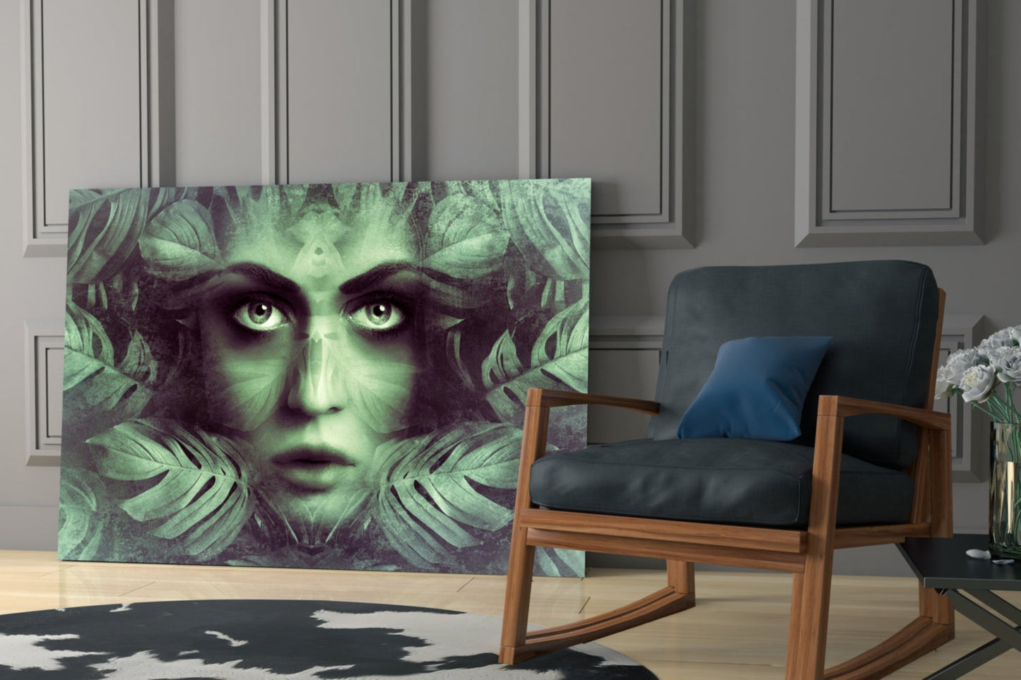 Tropical Leaf Woman Portrait Glass Wall Art
